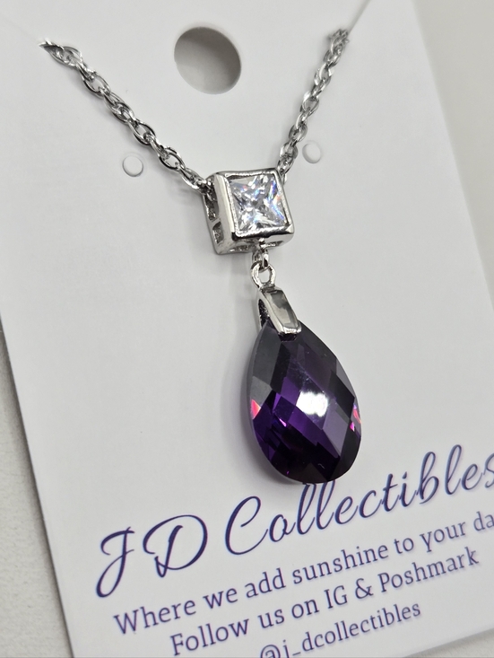 Swarovski Crystal Elements Silver Teardrop Necklace Purple Amethyst 18-20 inch - Picture 6 of 7